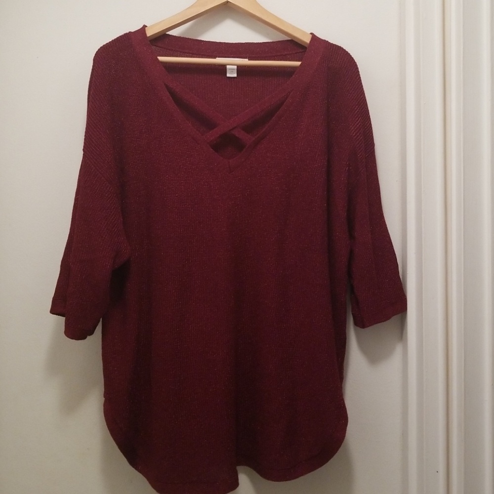 Plus sized x neck shimmer light weight sweater